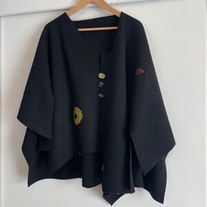 NEW Handmade Unique Black Poncho Cape with Colorful Felt Detailing